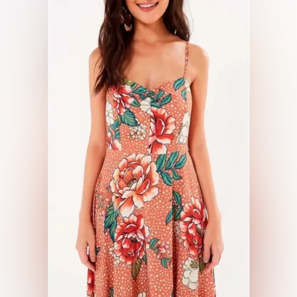 NEW Rare Farm Rio Brazil Floral & Polka Dotted Rose Multicolor Midi Dress